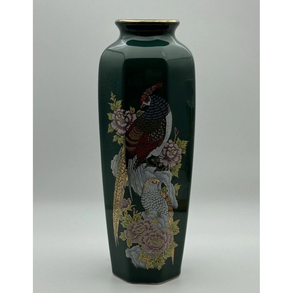 Vintage Artmark Ceramic Pheasant Vase Dark Green Hexagonal Gold Rim Japan 11"